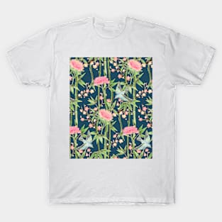 Bamboo, Birds and Blossom - dark teal T-Shirt